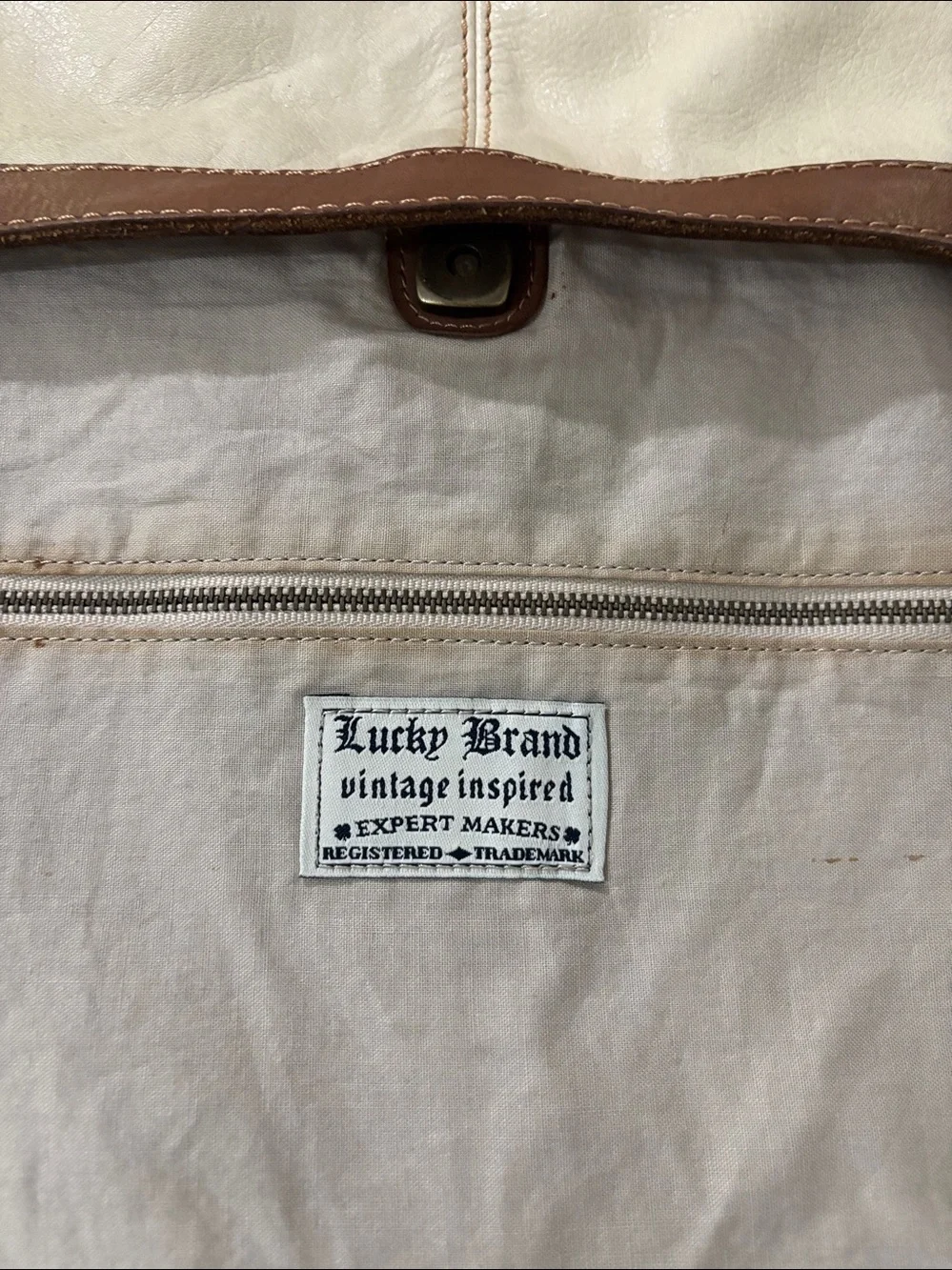 Lucky Brand Leather Crossbody Large Fold over Bag in Cream with Brown Trim -
